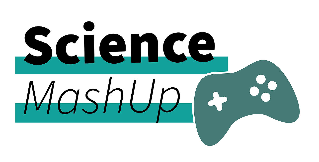 Abbildung des Science MashUp-Logos mit einer großen Abbildung, welche einen Controller einer Spielekonsole darstellt.